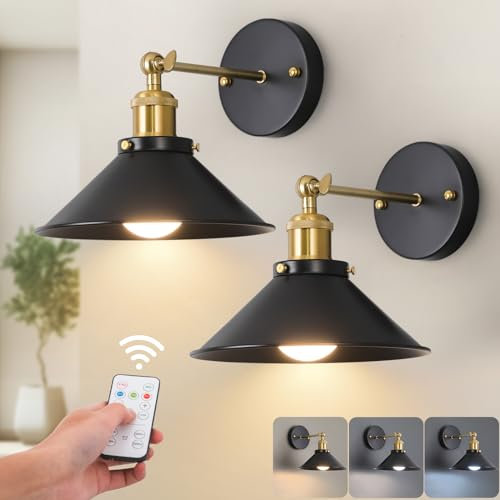 Bailoch Black & Gold Vintage Rechargeable Battery Operated Wall Sconces, Cordless Battery Powered Led Wall Lights Set of 2, Wall Lamp Fixture Indoor with Remote Control for Bedroom Farmhouse Gallery