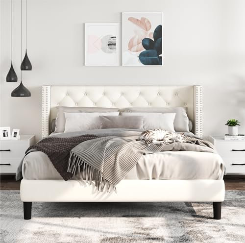 Sunrise Coast Bettrahmen in voller Größe mit Kopfteil: Gepolstertes Bettgestell, komplettes Schlafzimmer-Set, weiße Samtstoff-Plattformbetten mit Nagelkopfbesatz, Flügelrückenlehne, kein Boxspringbett