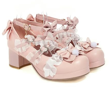 Frauen High Heels Mary Jane Pumps Kreuz Riemen Hochzeit Tee Party Weiß Rosa Schwarz Rüschen Schleife Dienstmädchen Prinzessin Cosplay Lolita Schuhe, rose, 40.5 EU