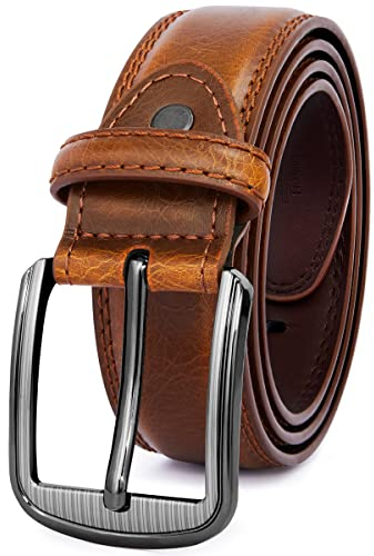 GSG Mens Leather Belts Double Stitched Belts for Jeans, Suits, Work, Uniform with Single Prong Buckle Brown 36-40 inch