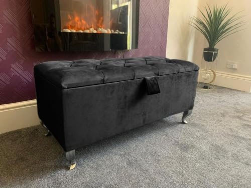 SK LUXURY LIVING Ottoman Storage Box - Engineered Wood Fabric Buttons Luxurious Plush Velvet Ottoman Storage Bench, Perfectly Designed Ottoman for Bedroom Storage (Black Plush, Legs)
