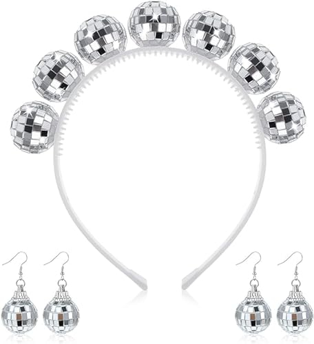 UOPMQGB 2 Paar Disco-Ohrringe 1 Stück Disco-Stirnband mit Reflektor-Kugel-Ohrringe Zubehör Disco-Kugel-Stirnband-Ohrringe, Disco-Zubehör, Disco-Kostüme Party-Kostüme für Frauen