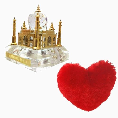 Combo de almohada suave de corazón rojo de 30 x 30 cm y famoso cristal de luz LED de la India Taj Mahal Miniatura Mostrar pieza símbolo de amor, cristal, chapado en oro