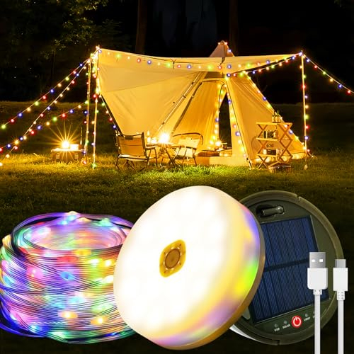 Camping Lichterkette Aufrollbar, 12M 120LED Solar Camping Lichterkette Außen, Wiederaufladbar über USB, IP65 Wasserdichte Camping Lichterkette, Tragbare Campinglampe für Garten, Wandern, RGB