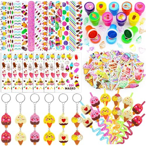 Moltby 110 Stück Eiscreme Party Mitgebsel Kindergeburtstag Mädchen - Eiscreme Slap Armbänder Stempel, Tattoos Aufkleber, Schlüsselanhänger, und Trinkhalme für Kinder Mädchen Sweet Summer Baby Shower