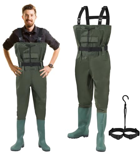 Izrielar Waders Hommes Femmes Pantalon de pêche, 70 Denier Nylon, PVC Pantalon étanche pour étang de pêche avec Bottes en Caoutchouc, Ceinture, Poches et Crochets, pour Chantiers, pêche, fermes
