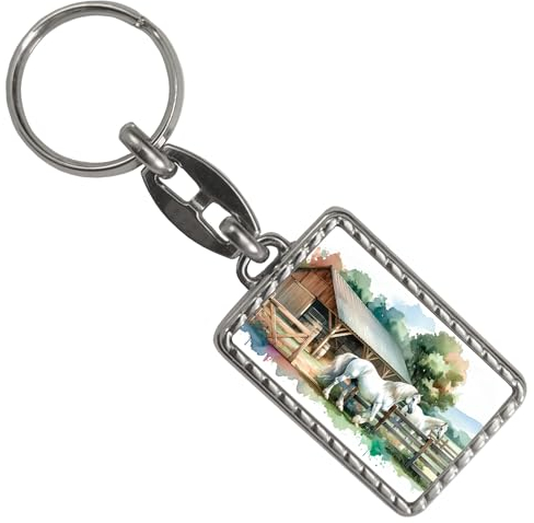 weiße Pferde auf der Koppel Schlüsselanhänger mit Bordüre Hintergrund Stall-Boxen Reitsport Pferdestall ideal als Geschenk für Pferdeliebhaber