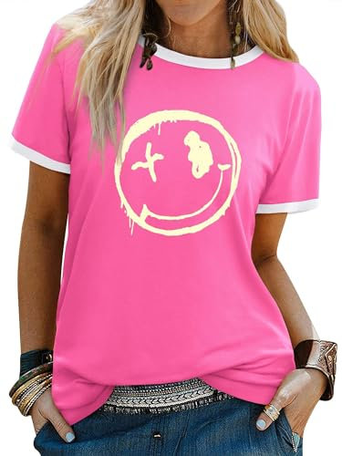 WIEIYM Women's T-Shirts Crew Neck Short Sleeve Ladies T Shirts Casual Summer Tops Smile Face Printed Tee Shirts Blouse S-XXL Pink