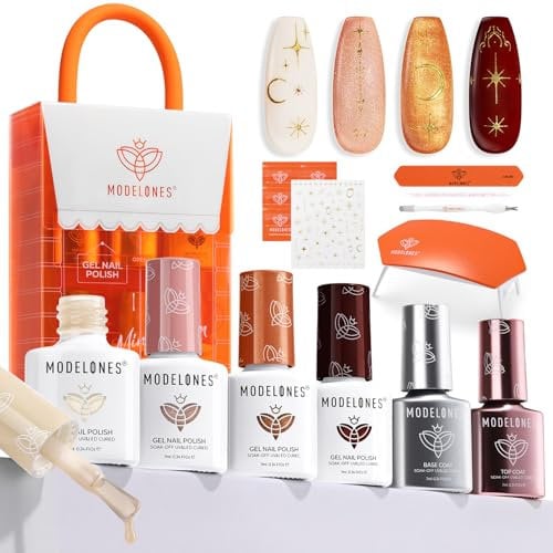Modelones Gel Nail Kit with UV Lamp, 4 Colors Gel Nail Polish Kit Mini Salon, Base &Top Coat and Stickers, White Nude Red Gold Gel Polish Set DIY Home Nail Art Manicure Set for Women