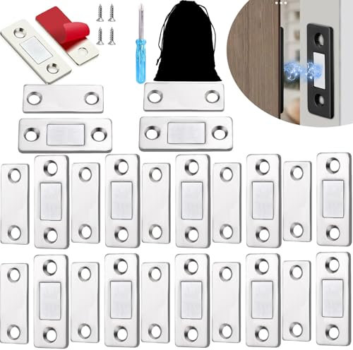 Flowarmth Ultra Thin Invisible Cabinet Door Magnets, Ultra Thin Magnetic Door Buckle, Stainless Steel Magnetic Door Catch Cabinet, Punch and Paste Double Choice (Silver,12PCS)