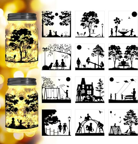 Peacoblue Feen-Silhouetten Einmachglas-Dekor, Vintage Tür, Hochzeit, Festivalwort und mehr Muster für Glas, Garten, Party Dekor, 12 Stück Silhouetten Innen- und Außenschmuck(Freizeit im Park)