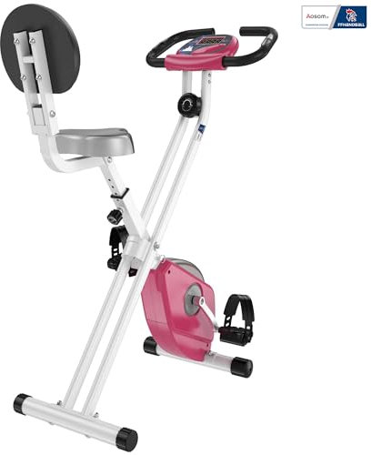 HOMCOM Cyclette pieghevole - Collaborazione Aosom.fr x FFHandball - 8 livelli di resistenza magnetica con schienale regolabile schermo LCD multifunzione sensore di frequenza cardiaca rosa