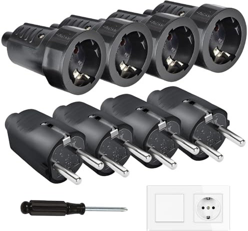 Lot de 8 Connecteurs Schuko, Kit Fiche Mâle + Prise Femelle 250V(16A), Ignifuge IP44, Prise D'alimentation, Jeu de Contacts de Protection, Fiche Europe Schuko pour Câble 8-10 mm