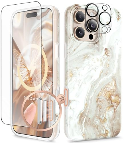 GVIEWIN Compatible with iPhone 16 Pro Case, [Compatible with MagSafe][Camera Control Button][With Screen Protector+Camera Protector] Shockproof Magnetic Marble Slim Protective Phone Cover,Pearlescent