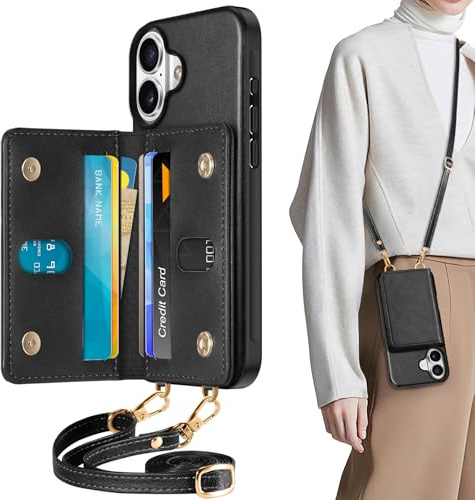 TUCCH Case for iPhone 16 (6.1) 2024 with Adjustable Strap, Wallet Case with[6 Card Holders][RFID Blocking][Detachable Crossbody Lanyard][Magnetic Closure], Shockproof PU Leather Phone Cover, Black