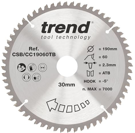 Trend Wood Mitre Saw Blade, 190mm, 30mm Bore, 60T, TCT, Extra-Fine Finish | Designed For Clean, Fine Crosscuts In Wood With 60 Teeth, 2.3mm Kerf And -5° Hook, CSB/CC19060TB