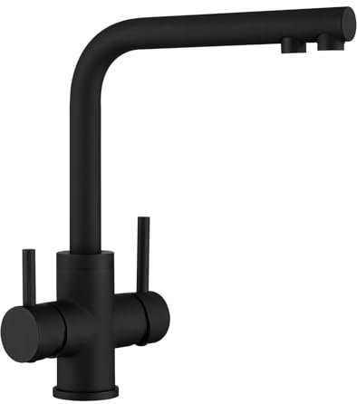 CREA 3 Wege Wasserhahn Küche Schwarz, 360° Drehbar Küchenarmatur, 3 in 1 Mischbatterie Küche für Wasserfilter, Trinkwasserhahn mit Doppelhebel, Drei Wege Armatur, Matt Schwarz
