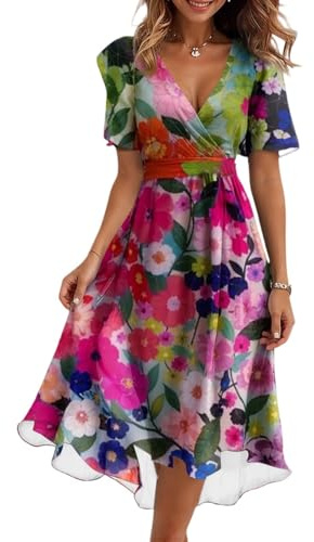 Kleider Damen Sommer Elegant Lang Chiffon Sommerkleid A-Linie Hohe Taille Abendkleid Boho Kleid Kurzarm Cocktailkleid Frauen Midi Casual Wickelkleid V-Ausschnitt Bindegürtel Strandkleid Party