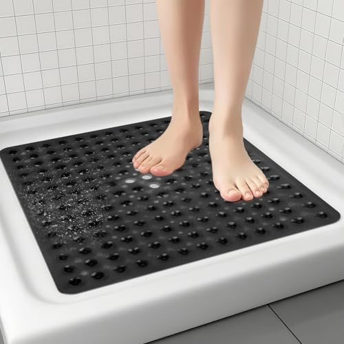 Cozary Tappetino Doccia Antiscivolo 53x53cm, Tappeto Doccia Antiscivolo con Ventose, Antiscivolo Doccia in PVC Morbido per Sicurezza & Comfort, Antimuffa, Lavabile in lavatrice - Nero