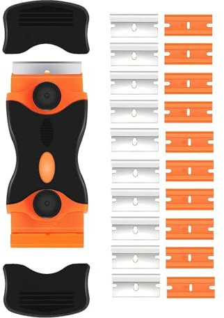 Double Edged Glass Scraper for Cleaning – Razor Scraper with 10 Metal + 10 Plastic Blades – Super Scraper Tool for Cooktop, Window, Ceramic Hob – Blade Scraper for Decals, Stickers, Labels, Paint