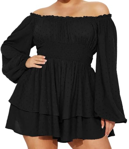 LYSINK Women Plus Size Rompers Playsuits Swiss Dot Boat Neck Off Shoulder Lantern Long Sleeve Flowy Layered Pirate Short Jumpsuit (Ba Black, XL)