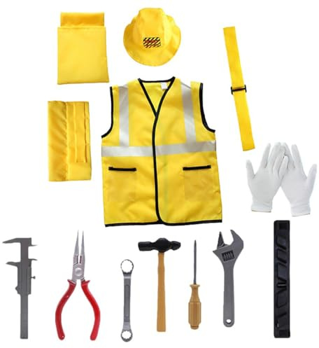 Kids Construction Worker Costume Tool Set, 13 Pcs Children Tool Kit with Vest Hat Gloves Toy Tool Belt Builder Role Play Tools Toys Kit Gift for Halloween Dress Up Games, 3 -12 Years Old Boys Girls