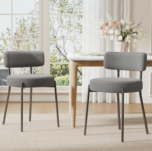 Ckaff Lot de 2 Chaises de Salle à Manger, Chaises de Cuisine en Teddy Boucé, Fauteuil Salon Rembourrée avec Accoudoirs et Pieds en Métal pour Salle à Manger Salon Cuisine Chambre, Gris