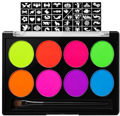 Erinde Peinture Visage 8 Couleurs, 4 Gabarits de Tatouage Enfant, Palette Fluorescente UV, Maquillage Carnaval pour Visage, Non Toxique & Sûr pour Enfants, Idéal pour Fêtes & Festivités