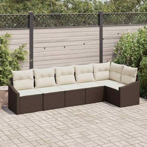 Frdhee Balkonmöbel Sitzgruppe Lounge Sofa Couch,Garten Essgruppe mit Kissen mit Speicher 6 pcs Braun und Creme,Sitzgruppe Für Garten,Terrasse Und Balkon,Einfach Zu Montieren
