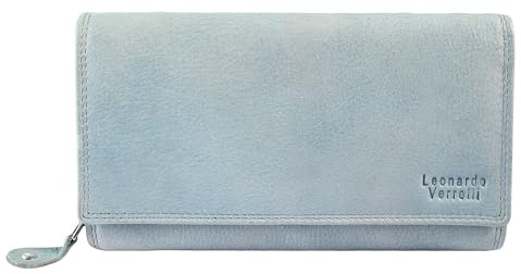 LEONARDO VERRELLI Geldbörse für Damen aus Leder in Blau, Geldbeutel mit Druckknopf in 9,8 x 17,5 x 3,8 cm