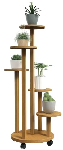 Outsunny Soporte para Plantas de Bambú con Ruedas 33x33x90 cm Natural | 5 Niveles, Estantería Redonda para Plantas para Esquina, Soporte para Macetas, Interior y Exterior