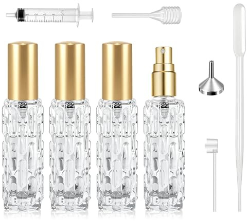 Qufiiry 4 * 10ml Parfümzerstäuber Nachfüllbar, Mini Parfüm Flaschen zum Befüllen mit Auslaufsicherem Aluminiumdeckel, Feine Zerstäuber Parfüm für Reise, Büro und Handtasche(Gold)