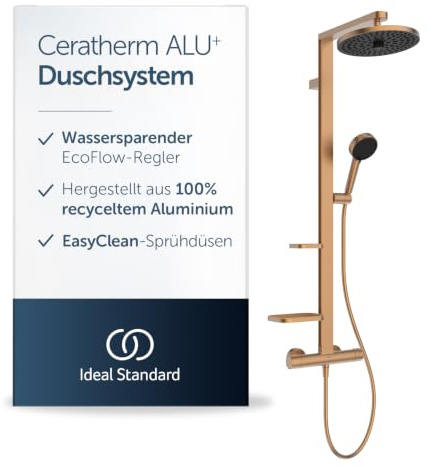 Ideal Standard Ceratherm Alu+ Duschsystem, Hergestellt aus 100% recyceltem Aluminium, Wassersparende Brause mit variablen Strahlarten und Verbrühschutz – Bronze (356x501x1113 mm)