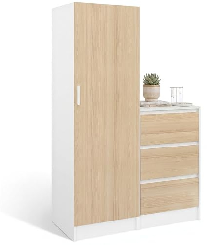 IDMarket - Armoire 1 Porte Ambre penderie façon hêtre et Blanc | Largeur 100 cm, avec commode modulable et 3 tiroirs