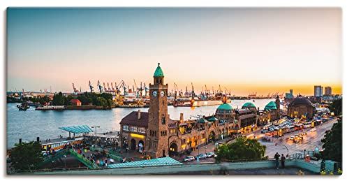 ARTLAND Wanddeko Leinwand Bilder Wandbild 150 x 75 cm Maritim Hamburg Skyline Hafen Elbe Kräne Turm Uhr Landungsbrücken S8PM