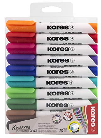 Kores - K-Marker XW1: Bunte Whiteboard Marker mit Rundspitze, Trocken abwischbar und nahezu geruchslose Tinte, Schul- und Bürobedarf, Set von 10 sortierten Farben Coloured