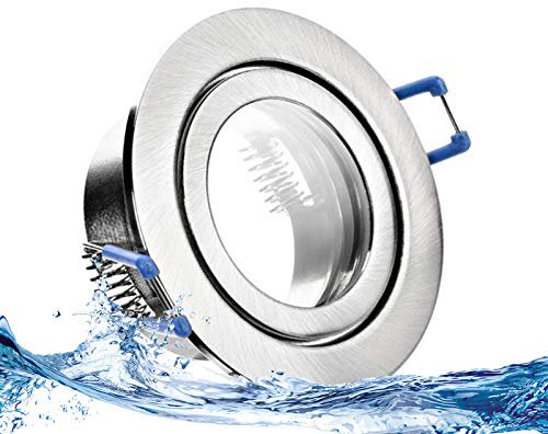 trendlights24 Mare IP44 Bad Einbaustrahler Edelstahl Optik gebürstet rund 230V LED 1er Set 5,0W 400lm GU10 Kaltweiß Spots für Badezimmer, Feuchtraum