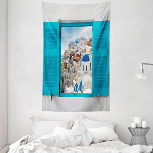 ABAKUHAUS Europäisch Wandteppich, Alte Fensterläden Fensteransicht Traditionelles griechisches Dorf Kulturerbe, aus Weiches Mikrofaser Stoff Wand Dekoration Für Schlafzimmer, 140 x 230 cm, Aqua