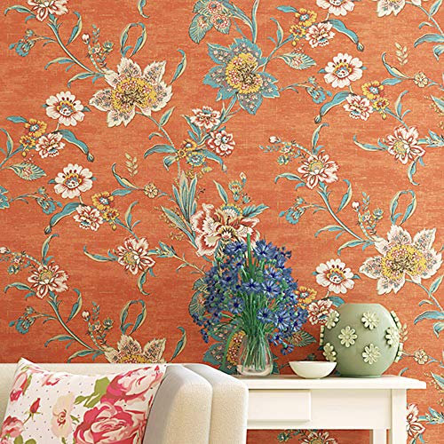 TaoGift Papier Peint Autocollant Motif Floral Vintage - Papillons et Oiseaux - Papier de Contact - pour Cuisine et Salle de Bain Rustique 20.86inx9.8ft Orange