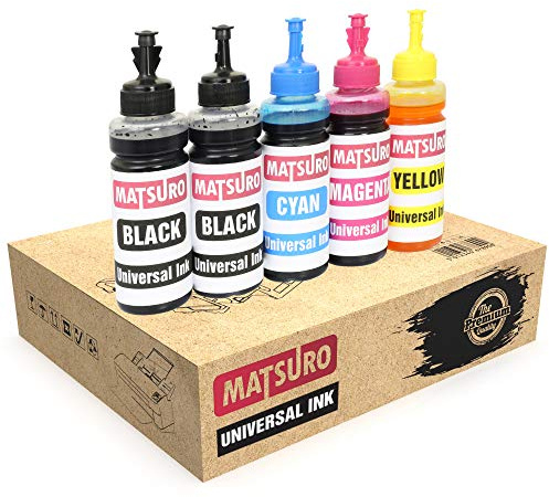 Matsuro Original | Kompatibel Universal Nachfülltinte für Tintenpatronen Ersatz für Canon HP EPSON Samsung Brother LEXMARK XEROX Dell Advent (5 x 100 ml | 1 Set + 1 SCHWARZ)