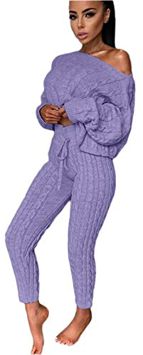 Minetom Damen 2 Stück Strickanzug Pullover Anzug Langarm Schulterfrei Gestrickt Pullover und Hosen Kordelzug Zweiteilige Sweatshirt Sportanzug Trainingsanzug Violett M