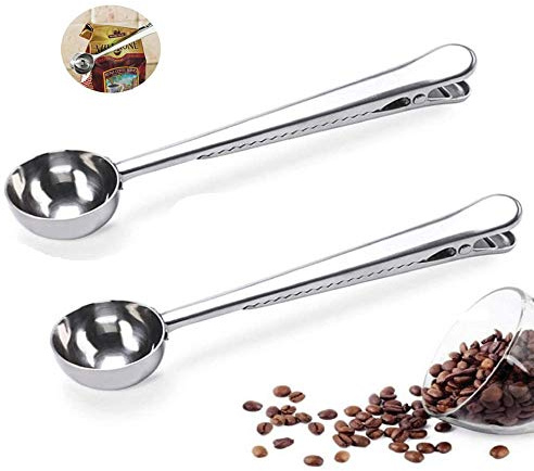 Coffee spoon, clip spoon, stainless steel coffee spoon, long-handled coffee spoon, multifunctional sealed bag holder, used for tea, coffee, milk powder, instant beverage, kitchen tools (two packs)