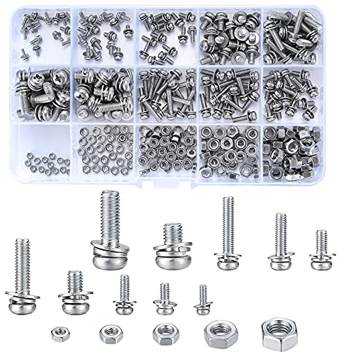 Stainless Steel Flat Cross Screw Assortment with 300 Pcs + Hex Nuts Washers, M2-M5 Hexagonal Countersunk Screws - Silver