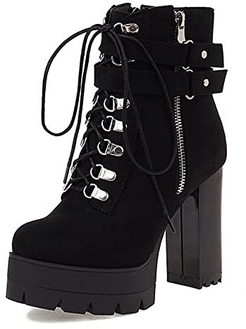 SJJH Damen Plateau Stiefeletten mit hohem Blockabsatz und Niete (Matt Schwarz, 40 EU)