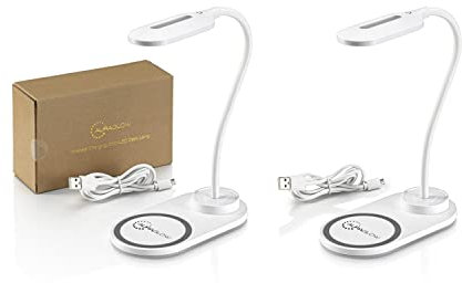 Auraglow LED Flexible Neck Desk Lamp with 3 Colour Modes and 10W Wireless Smart Phone Qi Fast Charger - White - 2 Pack