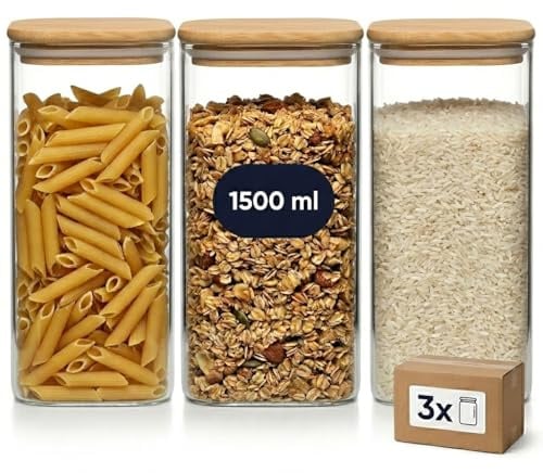 gouveo Lot de 3 bocaux à provisions 1500 ML en Verre borosilicaté carré avec Couvercle - Récipients en Verre, bocaux à épices, boîtes en Verre, boîte à provisions
