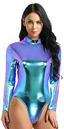 iEFiEL Damen Metallic Body Rollkragen Holographische Body Langarm Top Shirt Trikot Leotard Tanz-Kostüm DS Stage Glänzend Jumpsuit Clubwear Blau XXL