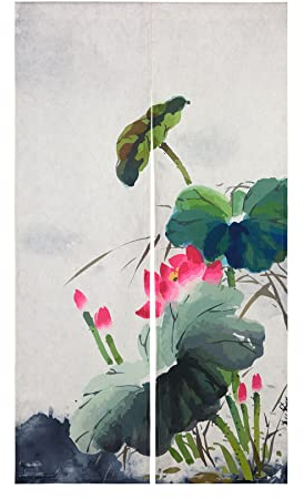LIGICKY Japanischer Stil dick Leinen Noren Lang Vorhang Türvorhang Raumteiler Tapisserie für die Heimtextilien 85 x 150 cm, Weiß, Lotusteich