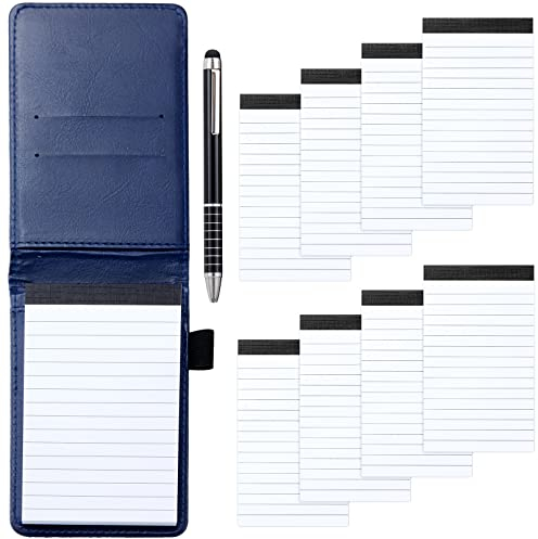 JEFFOUOO Mini Notizblock A7 Set,Kleiner Leder Notizblock Halter Taschennotizblock,Tragbarer Mini Notizbuch mit Stift,8 Stk 7,5x12,8cm Ersatz-Notizblöcken,30 liniertes Papier pro Notizblock (Blau)