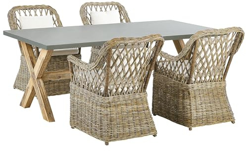 Beliani Gartenmöbel Set Rattan Tisch 200x100 cm mit 4 Stühlen Auflagen weiß Maros/Olbia